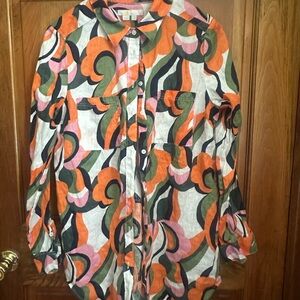 Boden Women’s 100% Linen Button down Shirt Size 6L NWOT Colorful Abstract Swirl